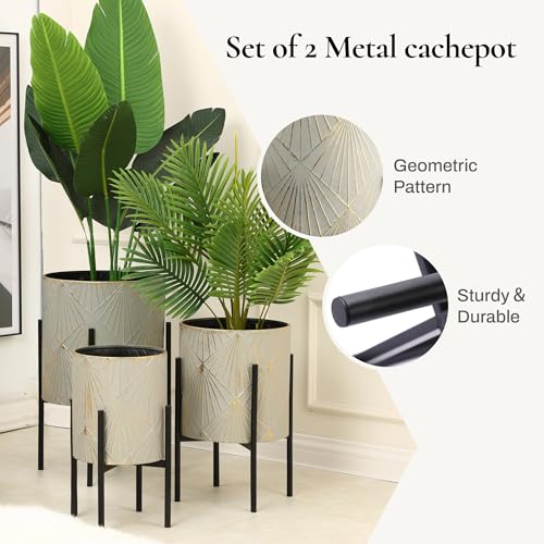 LuxenHome Planters for Indoor Plants, Set of 3 Floor Plants Pots with Stands, Modern Decorative Metal Flower Pots, Green Gray Cachepot Planters,10.5", 12", 14" Inch - color: Green Gray