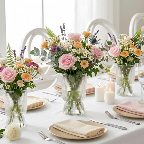 Tlence 12 Pack Clear Plastic Flower Vases, 6.3" Small Ribbed Fluted Glass-Like Vase, Decorative Modern Ripple Hydroponic Plant Vase with Base for Table Centerpieces Home Decor Wedding Decoration