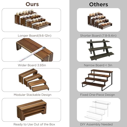 HBlife 2 Set Widened Acacia Wood Display Risers for Vendor Events, Stackable Modular Cupcake Stand Buffet Risers, Dessert Table Display Set, Tiered Display Shelves for Perfume/Figures/Collectibles