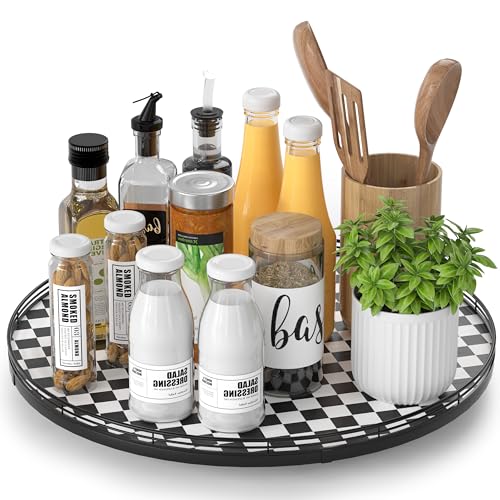 16" Black and White Kitchen Lazy Susan Turntable, Round Checkered Decorative Tray, Large Lazy Susan for Dining Table Centerpiece, Pantry, Kitchen, Bathroom, Countertop, Cupboard, Home Decor - color: Black & White, size: 16 inches