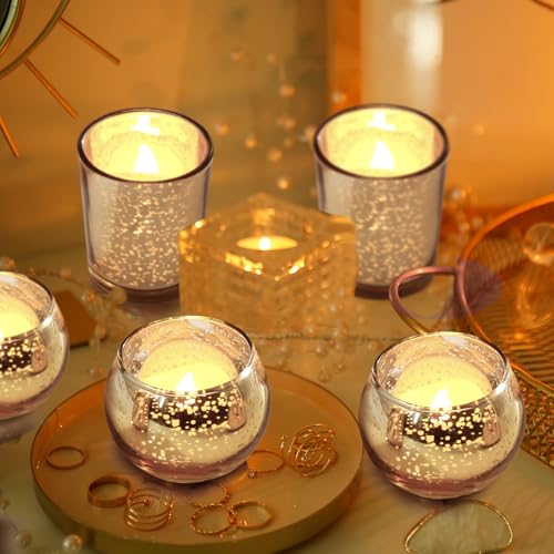 Funnymoom 12 Set Assorted Votive Candle Holders with LED Tea Light Decorative Mercury Glass Votive Tealight Holder Flameless Battery Operated Wedding Centerpieces Bridal Party Table Decoration (Gold) - color: Gold