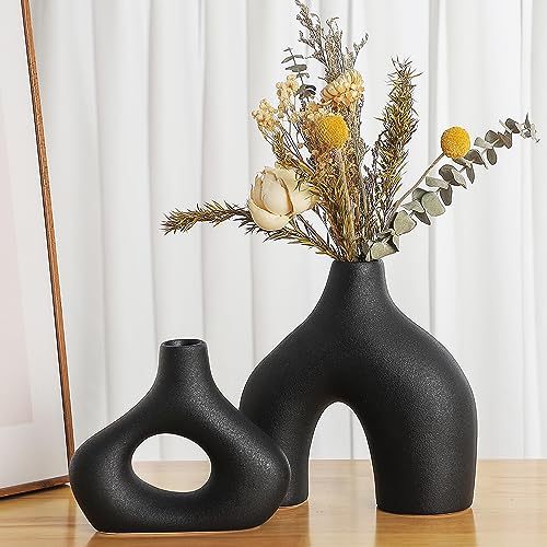 CEMABT Black Ceramic Vase Set of 2 for Modern Minimalist Bohemian Decor，Round Matte Donut Vases for Pampas Grass-Perfect for Living Room, Dining Table, Office Bedroom Shelf Decor Entryway, Console - color: Black