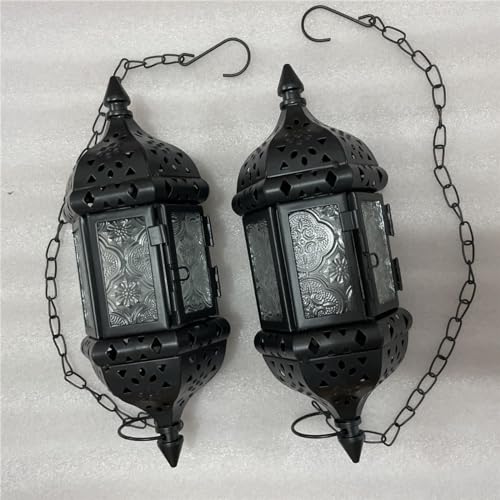 2PCS Moroccan Decorative Candle Lantern Metal Hanging Tealight Candlestick Holder Glass Indoor Outdoor LED Flameless Candle Holder 13.8 inches Chain (Black) - color: Black