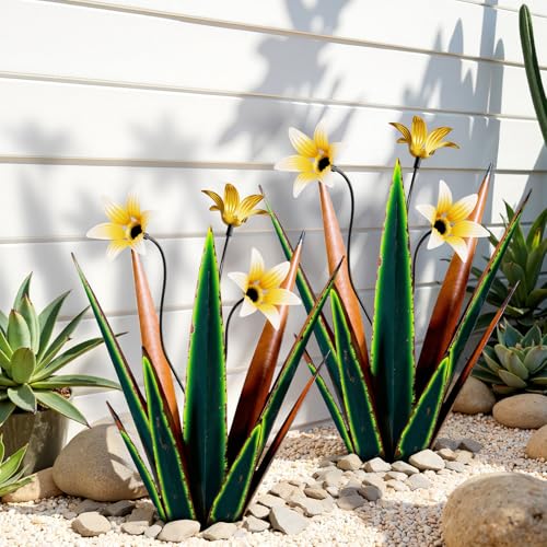 2 Pack Metal Agave Plant Sculptures, Outdoor Agave Plants, Tequila Rustic Sculpture, 16” Hand Painted Garden Decoration Yard Art Plant - color: Retro Green 2pcs W/ Flower