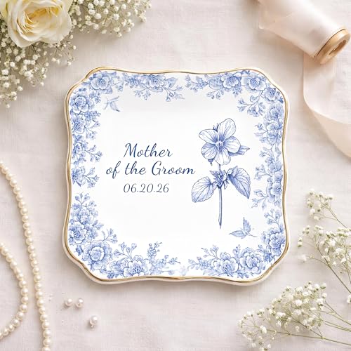 Personalized Mother of the Groom Ring Dish, Blue Floral Porcelain Jewelry Tray for Wedding Day, Scalloped Edged Ceramic Keepsake Bowl From Bride, Custom Engagement Date Trinket Plate Mother-In-Law - color: Design 03