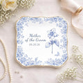 Personalized Mother of the Groom Ring Dish, Blue Floral Porcelain Jewelry Tray for Wedding Day, Scalloped Edged Ceramic Keepsake Bowl From Bride, Custom Engagement Date Trinket Plate Mother-In-Law - color: Design 03