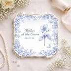 Personalized Mother of the Groom Ring Dish, Blue Floral Porcelain Jewelry Tray for Wedding Day, Scalloped Edged Ceramic Keepsake Bowl From Bride, Custom Engagement Date Trinket Plate Mother-In-Law - color: Design 03