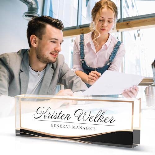 Acrylic Personalized Name Plate - Desk Decor for Women & Men, Office Gifts for Boss, Manager, Teacher, Nurse - color: Black Gold Frame