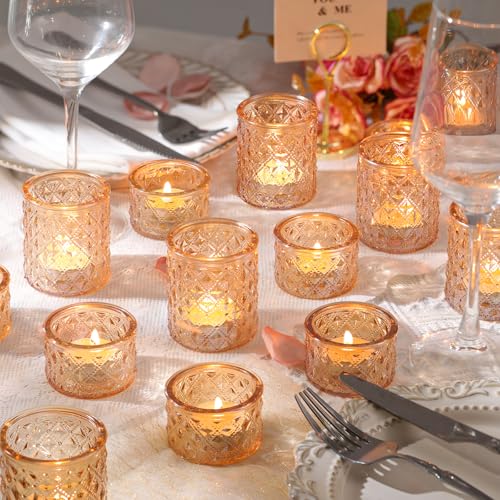NITIME 24pcs Assorted Gold Votive Candle Holders, Tealight Candle Holders for Table Centerpiece, Green Glass Candle Holder Decor for Wedding, Party & Home Decor - color: Gold