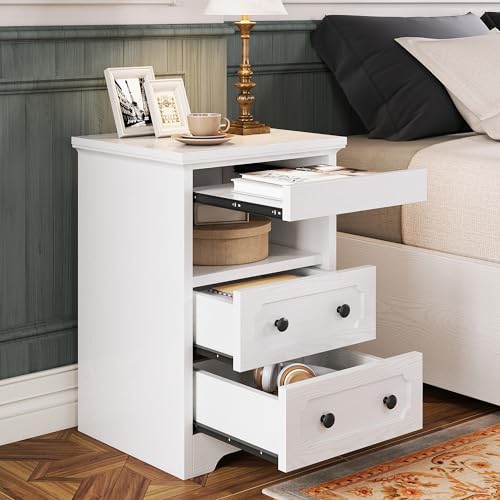 LIKIMIO Night Stand, Modern Bedside Table with 2 Drawers, Open Shelf, End Table with Pull-Out Tray, Wood SideTable, White - color: White