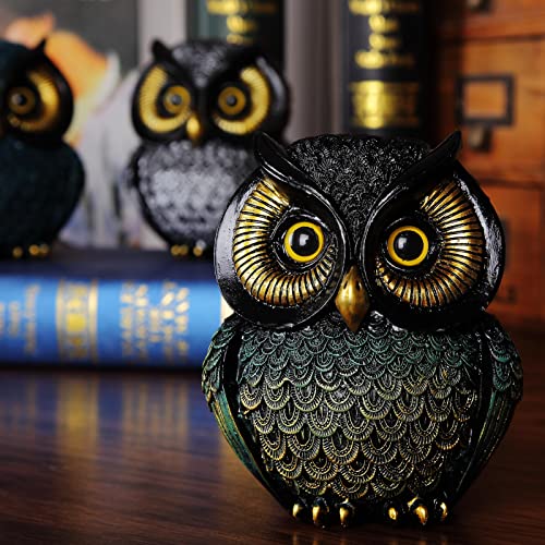 Artpaul Owl Statue Home Decor - Small Figurines for Shelves, Office, Living Room - Decorations and Gifts for Owl Lovers (Black-Green) - color: Style3-black-green