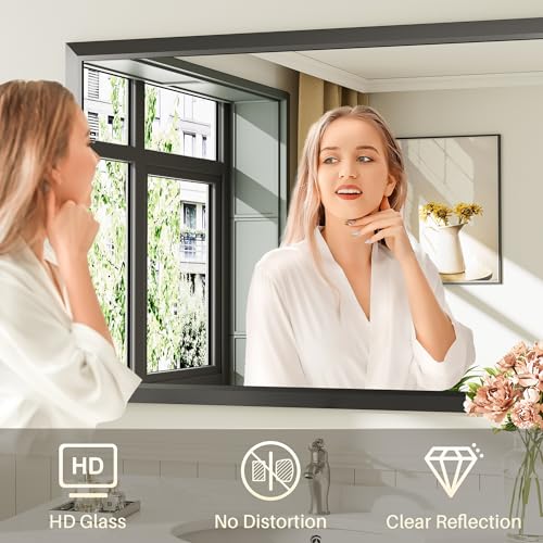 Briivue 48x30 Inch Black Bathroom Mirror for Wall, Thick Metal Framed Rectangle Mirrors for Over Sink, Bedroom, Living Room, Entryway, Anti-Rust, HD Tempered Glass - color: Black, size: 48"L x 30"W