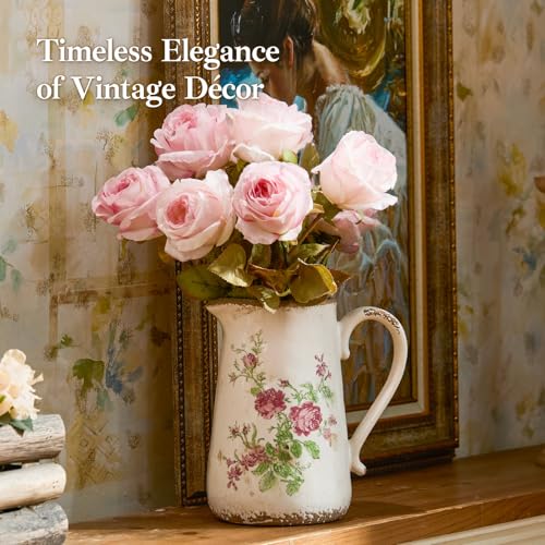 Retro Rustic Large Ceramic Vase with Handle, Distressed Farmhouse Pitcher for Home, Ideal Shelf Decor, Red Rose Floral Vase for Living Room Bedroom Office Table Centerpiece Decorations 9 Inch - color: Pink Flora, size: Large Pitcher