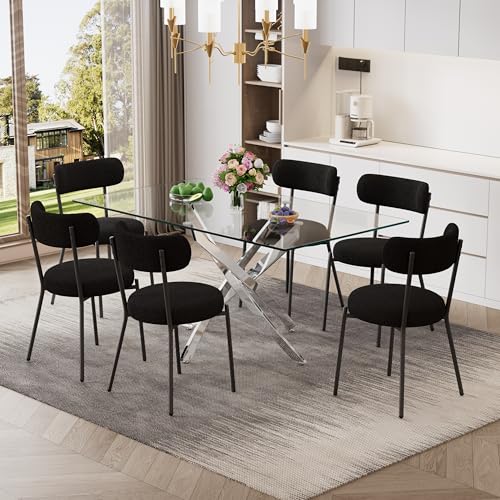 7 Piece Rectangular Glass Dining Table Set, 63'' Modern Kitchen Table Set Silver Base with 6 Minimalism Black Boucle Dining Chairs, Dining Table and Chairs for Home, Apartment - color: Silver+black Chairs, size: 63'' + 6 Chairs