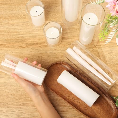 Shihanee Set of 12 Pillar Candles and Glass Cylinder Vases Assorted Sizes Cylinder Holders for Pillar Candles Home Table Centerpieces Wedding Party Decorations (White) - color: White