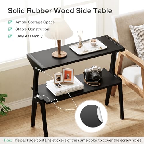 Tribesigns Solid Wood End Table, Modern Side Table for Couch, 2-Tier Narrow Tall End Table, Long Bedside Table for Living Room, Bedroom, Black - color: Black