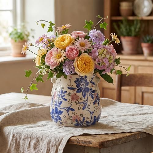 Ceramic Scroll Planter 6.5 Inch Chinoiserie Floral Vase with Drainage Holes Vintage Flower Vase Flower Pot Rustic Ceramic Pots for Indoor Plants Garden Home Bookshelf Decor(Blue, Red) - style: Blue, Red