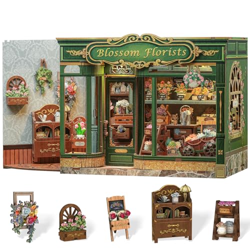 Cutefun Book Nook Kit - DIY Miniature Flower Shop Booknook Kits for Adults and Teens, 3D Wooden Puzzle Bookend Bookshelf with LED Light, Creative Crafts Gifts for Book Lovers (Blossom Florists) - style: Blossom Florists