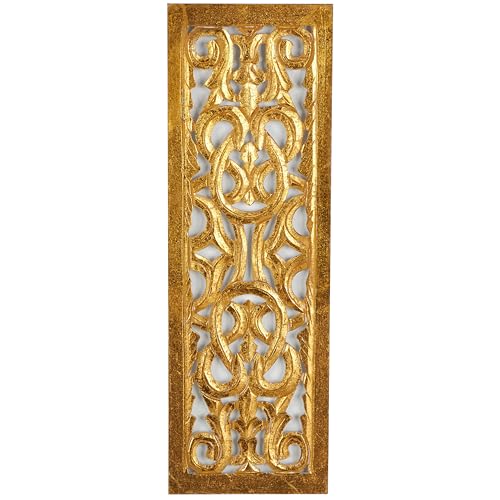 Deco 79 Wooden Floral Handmade Home Wall Decor Intricately Carved Arabesque Wall Sculpture, Wall Art 12" x 1" x 36", Gold - color: Gold