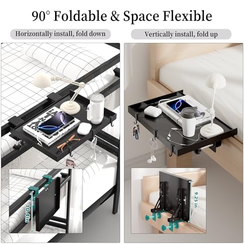 Foldable Bedside Shelf, Metal Clip-On Bed Tray Table for Bunk Bed & Dorm Beds, Dorm Room Essentials Organizer for College Students, Floating Tray, Space Saving Nightstand for Loft Beds (Black, Small) - color: Black, size: Small