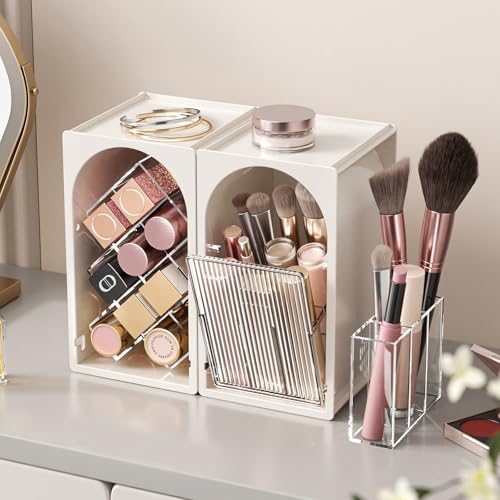 INVSSENE Stackable Makeup Organizer Countertop, Storage Perfume Skincare Cosmetic Lipstick Face Mask Makeup Brush Palettes, Ideal for Vanity Bathroom Counter - color: 3513 White+Clear
