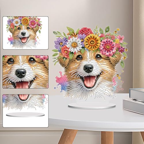 5D Tabletop Diamond Art Kit Flower Puppy, Stand Up Special Shaped Crystal Diamond Art Tabletop Kit for Adults, DIY Desktop Gem Painting Craft Desk Kit, Double Sided, Box Package (Pink) - color: Flower Puppy (Pink)