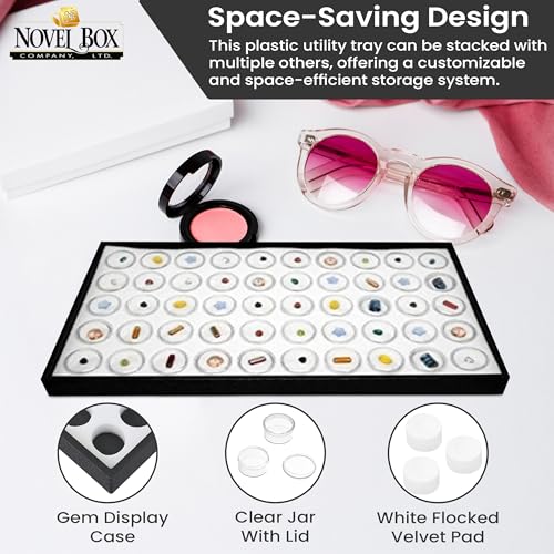 Novel Box Jewelry Display Tray Black Plastic 8.25 x 14.75 x 1 Large Jewelry Tray with 50 Gem Jars Insert | Rectangular Display Trays for Collectibles | Rock Collection Tray | Gem Display Tray - color: 50-Gem Jars White Foam Liner, size: Plastic Tray: 8.25