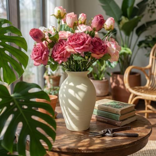 Ceramic Vase - Large & Elegant Farmhouse-Style Vases for Rustic Vintage Home Decor: Living Room, Bedroom, Office, Dining + More - Perfect for Tables, Shelves, Fireplaces & Coffee Desks (White) - color: White