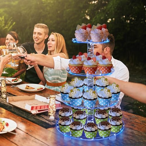 YestBuy 4 Tier Round Cupcake Stand – Premium Cupcake Holder – Acrylic Cupcake Tower Display- Cady Bar Party Décor + LED Light String – Ideal for Weddings, Birthday Parties & Events (Blue) - color: Blue, size: 4 Tier Round
