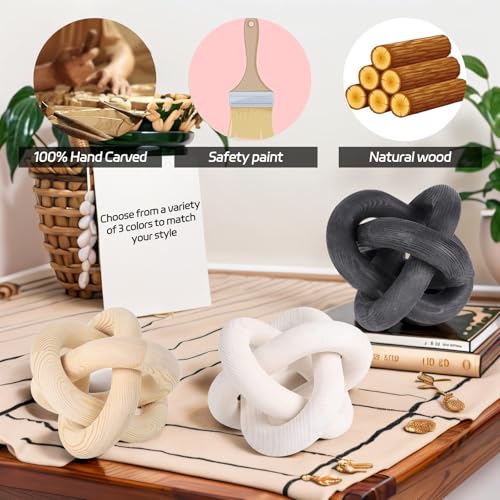 3 Link Hand Carved Wood Knot, Wood Chain Link Decor, Rustic Decorative Objects for Home, Living Room, Bedroom, Coffee Table, Modern Farmhouse Shelf Decor (White)