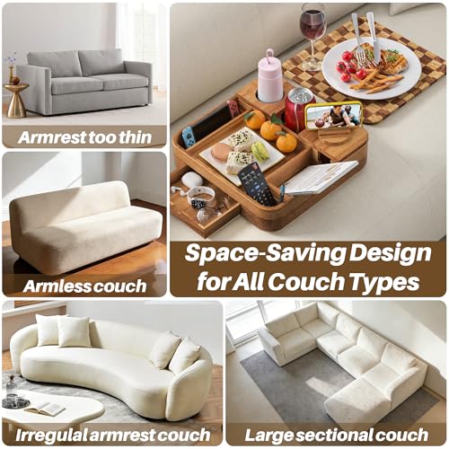 Couch Cup Holder, Checkered Couch Tray Cup Holder Sofa Tray, Acacia Wood Large Capacity 2-Tier Wooden Trays with Drawer for Sofa, Bed, Picnic, Drinks, Snacks, Remote, Cell Phone 12.5 * 12.5 in - color: Acacia Wood + Checkered