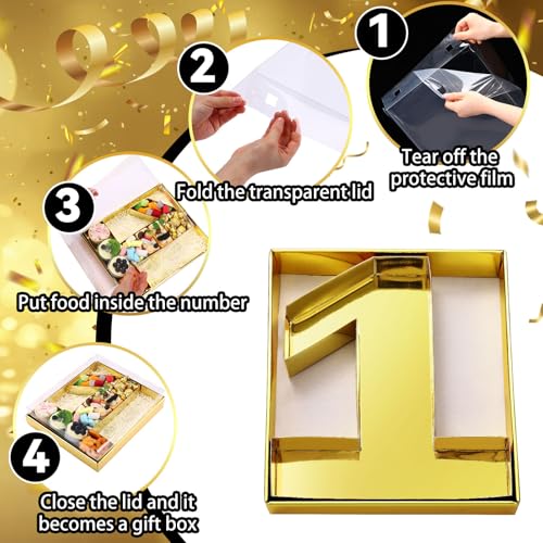 SiliFine 12" Charcuterie Number Shaped Mache with Clear Lid Fillable Sweets Serving Trays Paper Mache Cupcake Candy Box for 2025 Graduation Party Graduation Celebration(Gold,Number 1) - color: Gold, style: Number 1