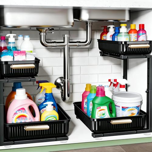 ARSTPEOE Under Sink Organizer - 2 Packs Multi-Purpose Pull-Out Storage Organizers, Slide out Pull out Metal Cabinet Organizer Shelf, Storage for Kitchen Bathroom, Black - color: Black, size: 2 Pack