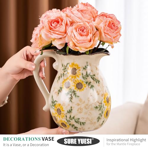 for Mom from Daughter or Son, Sunflower Vintage Ceramic Yellow Floral Pitcher Vase with Handle 7.9”, Rustic Farmhouse Chinoiserie Vase, Grandmillennial Decor for Living Room - color: Yellow Sunflower - 004
