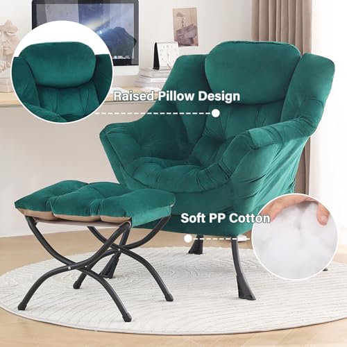 Tiita Lazy Chair with Ottoman, Green Modern Large Accent Chair, Comfy Leisure Sofa Armchair with Ottoman, Reading Chair with Footrest for Bedroom, Living Room, Dorm Rooms, Velvet Green - color: Green