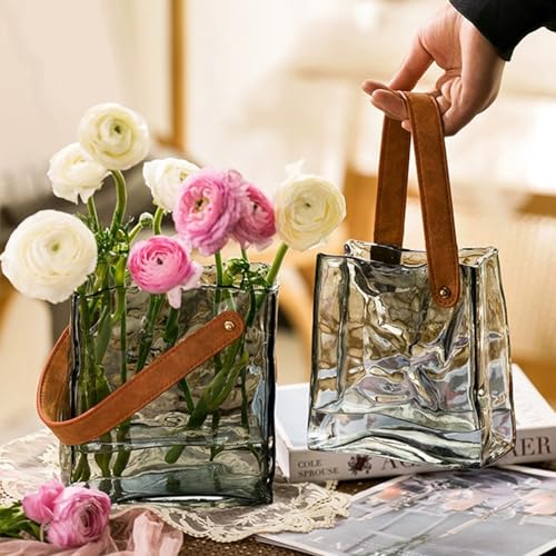 Handmade Leather - Handle Handbag - Style Glass Vase - Simple Elegance for Your Space (Gray) - color: Gray
