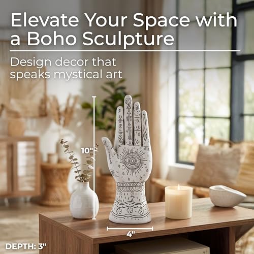Resin Tattoo Hand Figurine for Home and Office Decor - Artistic Symbols Accent Display for Bathroom, Living Room, and Shelf - Graphic Sculpture Ornament for Coffee Table Decor - 10", White & Black - color: White
