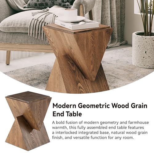 COZAYH Modern Geometric Wood Grain End Table with Structural Design, Farmhouse Side Table with Sculptural Pedestal Base for Living Room, Bedroom, Office, Fully Assembled, Natural