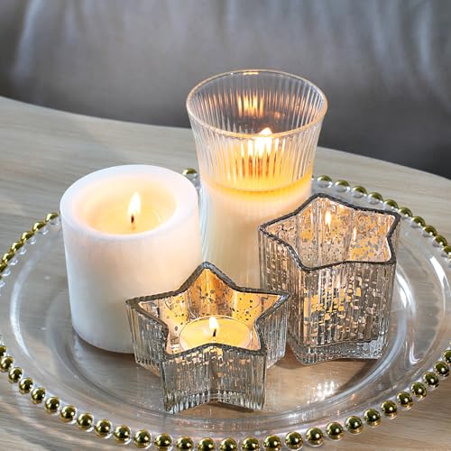 Letine 10pcs Silver Ribbed Star Candle Cups - Assorted Height Tea Light Holders, Votive Candle Holders forWedding, Fall Table Centerpiece, Mercury Glass Lucky Star Jar Decor(Tall 2.44", Short 1.57") - color: Silver, size: 10pcs