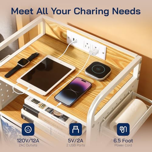 YCY Night Stand with Charging Station, LED Nightstand with USB Ports and Outlets, Metal Frame Side Table with 3 Fabric Storage Drawers, End Table for Bedrooms Living Room,White and Blue