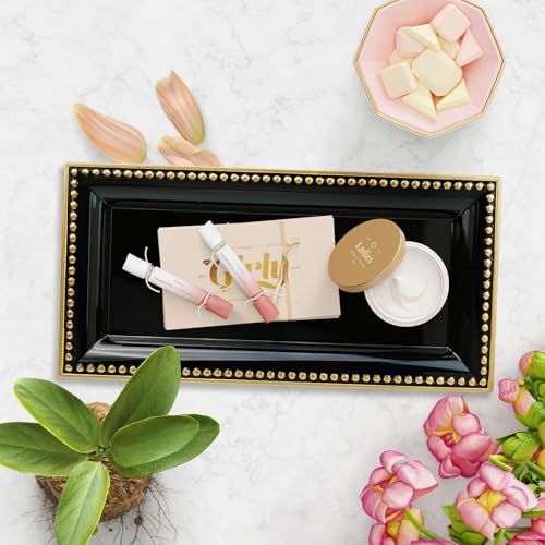2 Pack Black Bathroom Vanity Tray for Countertop with Beads, Small Plastic Toilet Tank Versatile Storage Organization Tray for Makeup, Perfume, Desk, Kitchen, Candles, 14"x7"x1", 36B - color: 17black