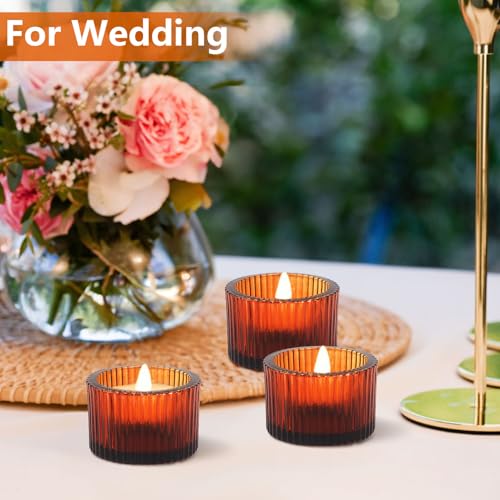 JOYIT Amber Votive Candle Holders Bulk Set of 4, Tealight Candle Holder for Wedding Table Centerpiece, Glass Small Candle Holders for Birthday Party, Valentine's Day, Home Decor (2''X 1.4'') - color: Amber