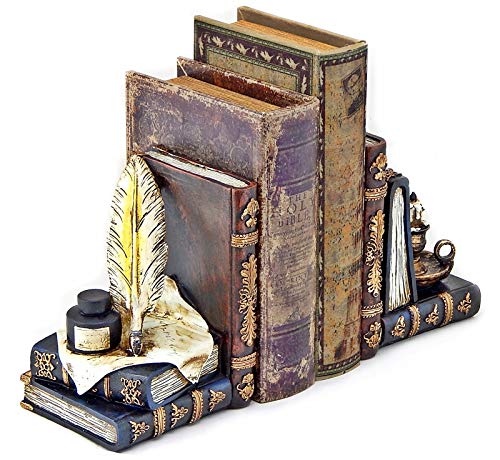 Bellaa 26324 Vintage Bookends Set of 2 - Wizard Feather Quill Pen & Ink Bottle with Oil Lamp Design - Magical - Antique Bronze Decorative Book Ends for Shelves, Office, Library - Farmhouse Home Decor