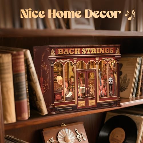 CUTEFUN Book Nook Kit - 3D Puzzle Musical Instrument Store Bookend Bookshelf Decor for Adults, Tiny House Miniature Model Building Kits, DIY Crafts Gifts for Teens & Book Lovers (Bach Strings) - style: Musical Instrument Shop