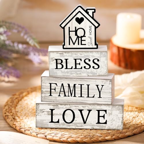Yuntau 4 Pcs Farmhouse Wooden Tabletop Decor Sweet Home Tiered Tray Decor Rustic Retro Wood Bless Family Love Block Sign Gift Neutral Centerpiece Farmhouse Table Sign for Home Shelf Mantle - style: Sweet Home