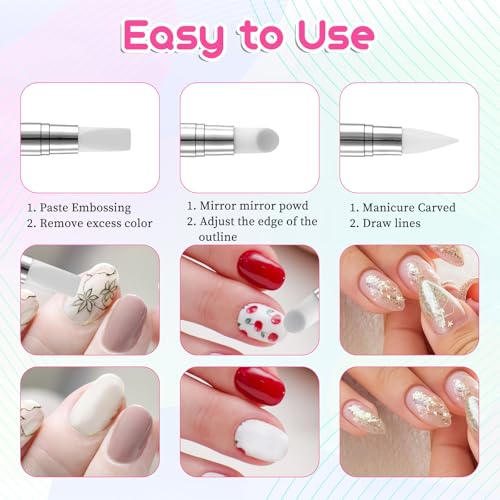 3 Pcs Nail Art Sculpture Pen, Dual Tipped Silicone Nail Tools, Silicone Head Acrylic Handle Nail Art Brushes, Rhinestone Nail Polish Carving Pen, Nail Art Tools for Home Salon(White, Pink, Blue) - color: White, Pink, Blue