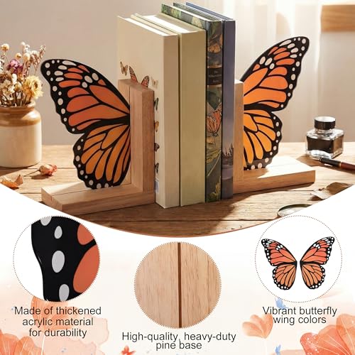 Decorative Butterfly Bookends Wooden Acrylic Butterflys Bookend Modern Bookshelf Decor Accent Book Stopper Decor for Home Farmhouse Shelves Office Lover Gift (Monarch Butterfly) - style: Monarch Butterfly