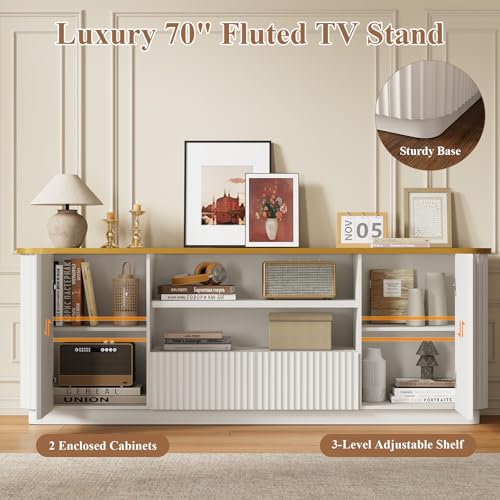 QUW 70" Fluted TV Stand for TVs Up to 80", Modern Entertainment Center with 2 Drawers & Cabinets, TV Console with Curved Profile Design, Luxury Wooden Media Console for Living Room, White - color: White