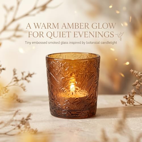 12 Pack Hummingbird Embossed Glass Candle Holders – Votive Tealight Holders with Patent Design, Decorative Embossed Glass Cups for Wedding Centerpieces, Parties, and Home Décor (Chestnut Brown) - color: Chestnut Brown