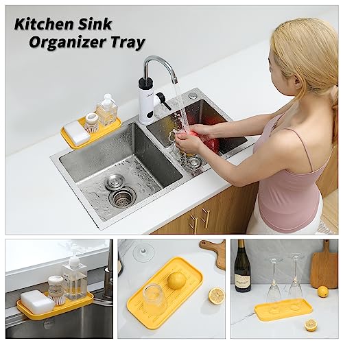 MicoYang Silicone Kitchen Sink Organizer Tray for Multiple Usage,Easy Clean,Eco-Friendly Sponges Holder for Kitchen Bathroom Counter or Sink,Dish Soap Dispenser,Scrubber,Bottle,Cup Yellow 10”x 5.3” - color: Yellow, size: 10" x 5.3" x 0.7"